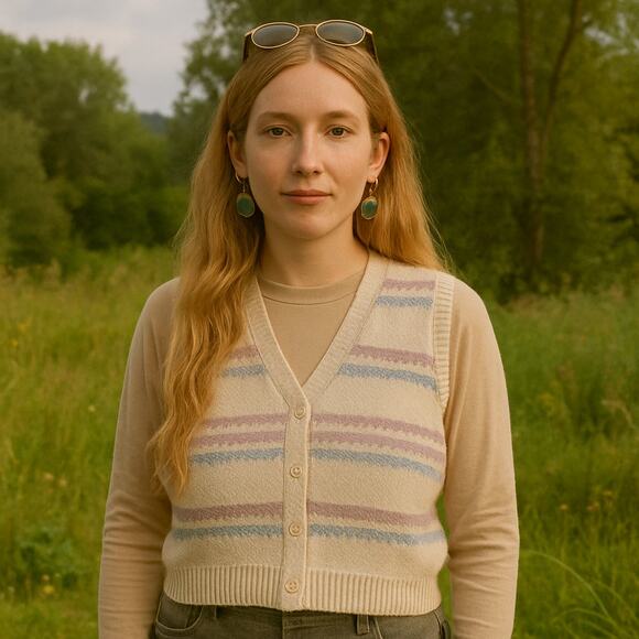 Vintage Cream Knit Vest with Pastel Stripes, Button Front Boho Layering L - Picture 1 of 6